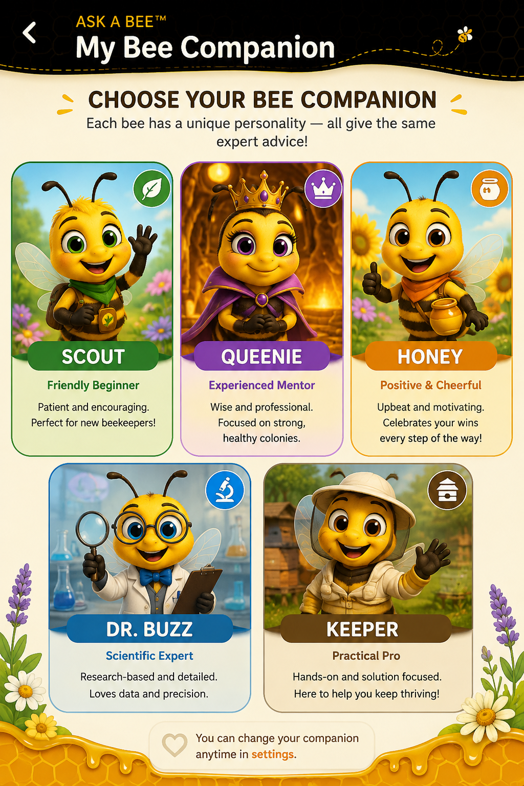 Choose your bee companion in the Ask a Bee app — Scout, Queenie, Honey, Dr. Buzz, and Keeper